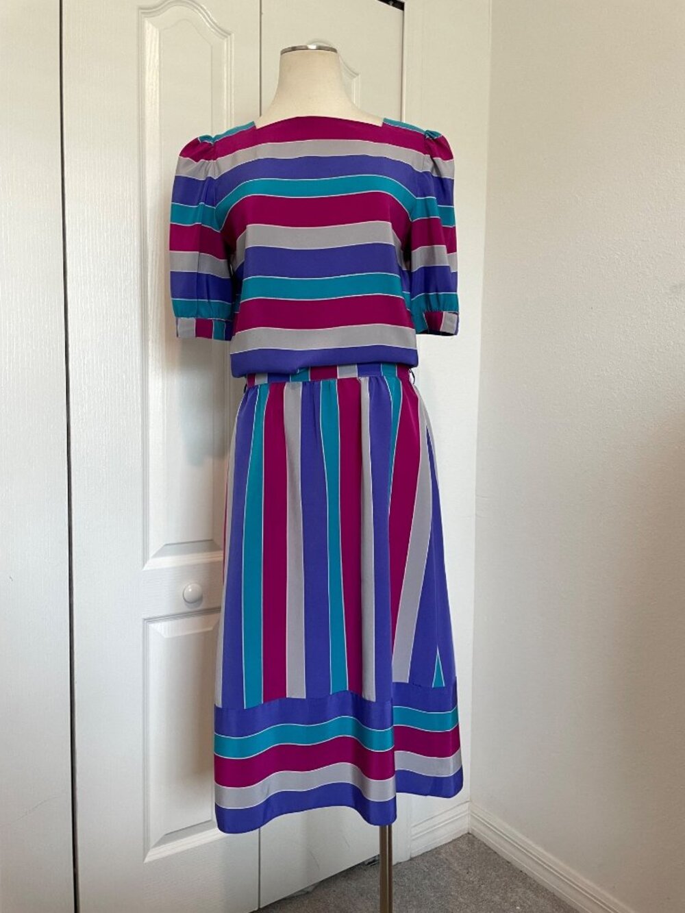 Vintage 80's SASSON High Waisted Skirt Shirt Striped 2-Piece Set Women’s 14/15